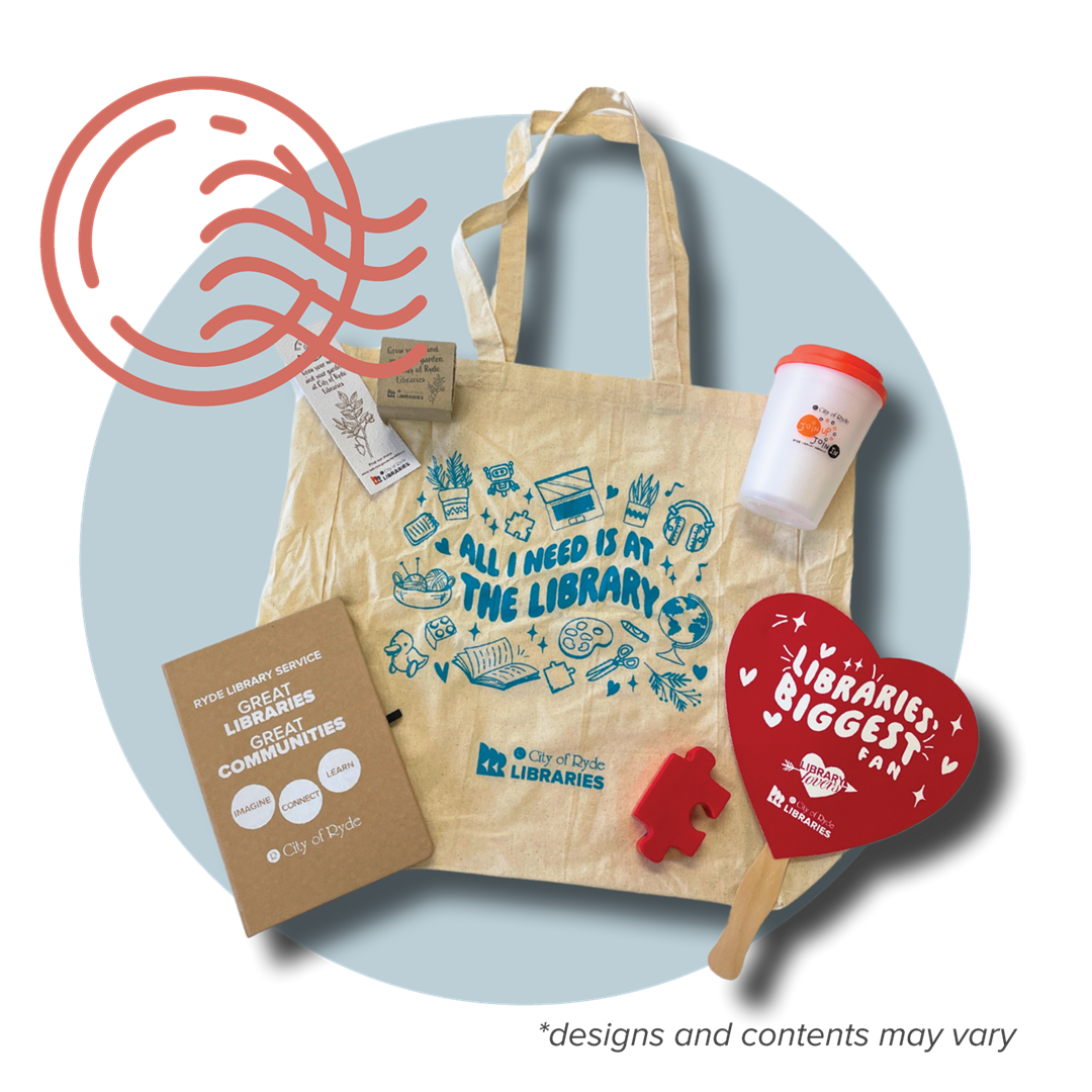 Image of a totebag, plastic cup, booklet, and heartshaped fan.