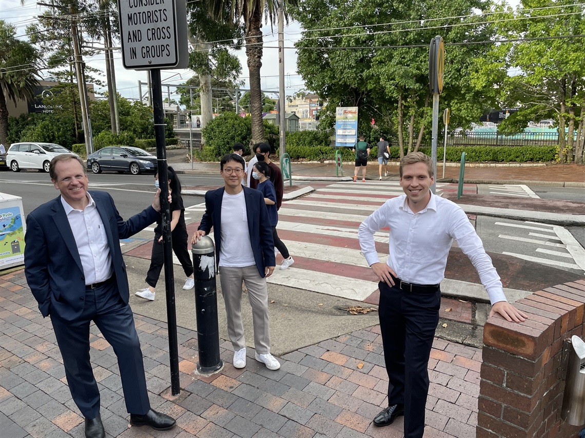 Clr Trenton Brown, Clr Daniel Han and City of Ryde Mayor, Clr Jordan Lane pictured where the new traffic lights will be installed on West Parade, Eastwood