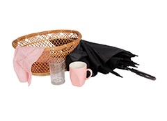 Small household items including umbrella and mug