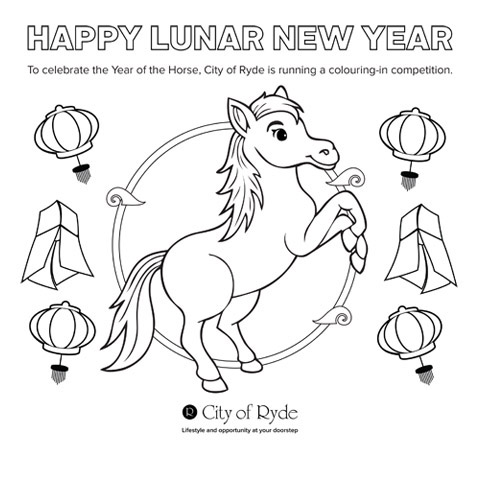 Colouring-in picture featuring linework of a cute cartoon horse