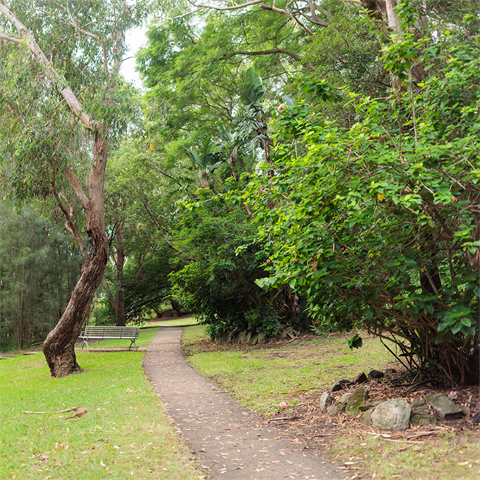 A large stone marker in the ground, it sits in the shade of trees