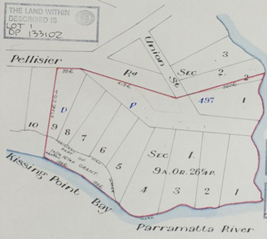 Map of divided lots of Putney Park. Outlined in red are Council's acquired lots, appearing as lots 1 to 9.