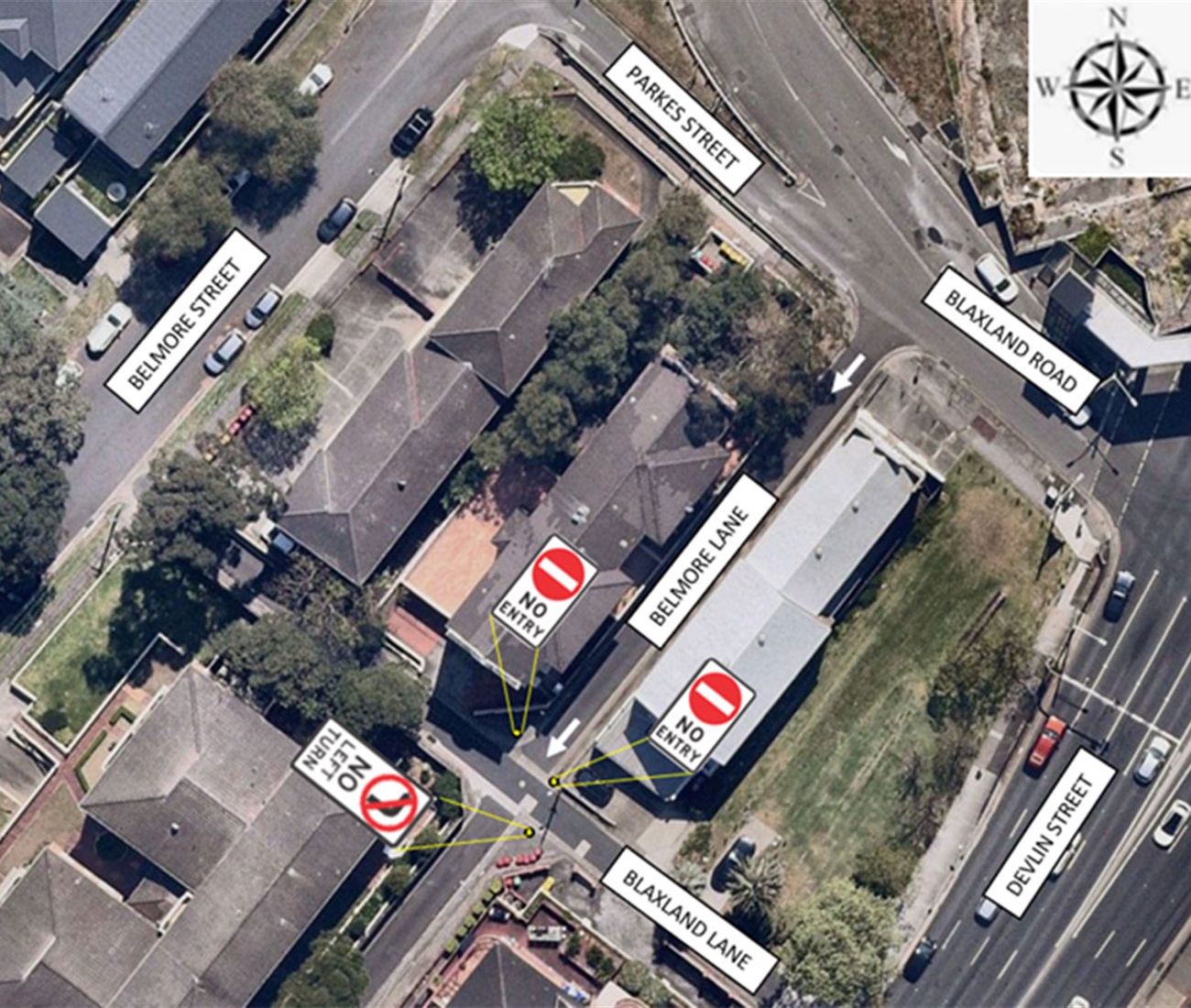 Map of proposed conversion of Belmore Lane to One-Way.