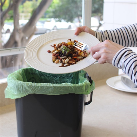 Image of a person scrapping food waste into a kitchen caddy