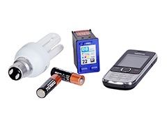 Lightbulb, batteries, ink cartridge and cellphone