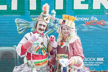 Reggie Recycle and Patty Paper at the mural unveiling