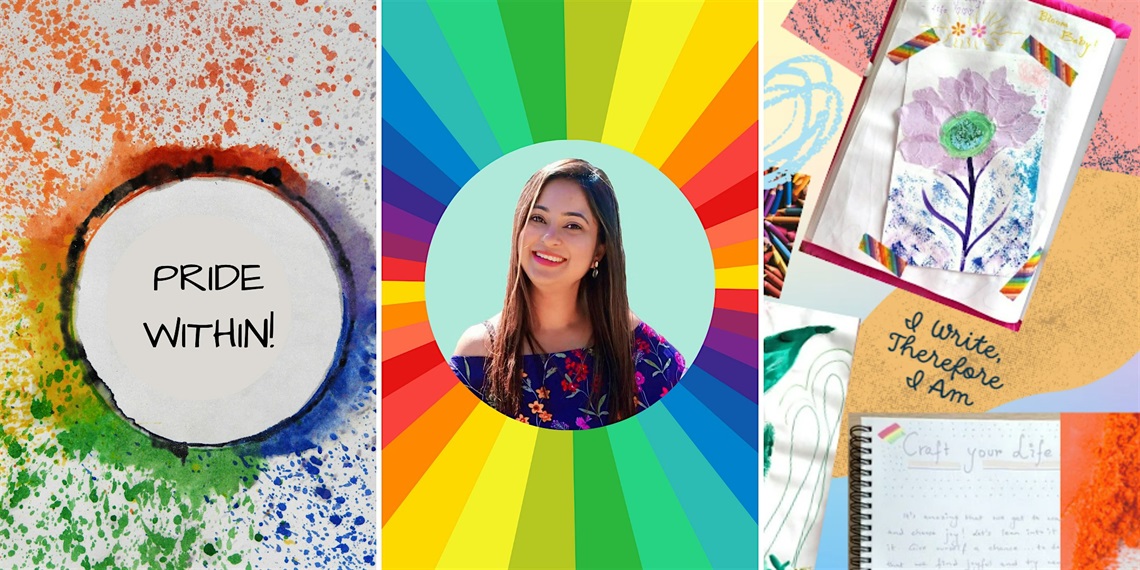 Graphic with a photo of woman inside a rainbow pattern, text reads: Pride Within