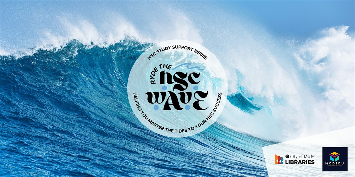 Photo of large ocean wave, text overlay reads Ryde the HSC Wave