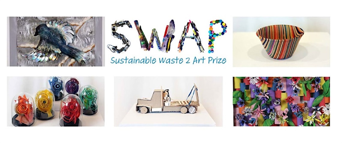 Photo of different sculptures made with recyclable materials. Text reads: SWAP. Sustainable Waste To Art Prize.