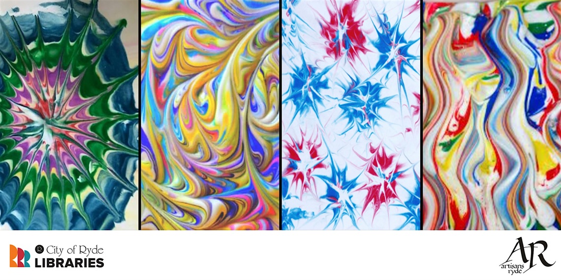 Detail view of four different marble patterned paintings